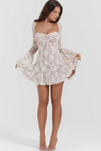 Square Neck Corset Tie Front Floral Lace Bell Sleeve Mini Dress