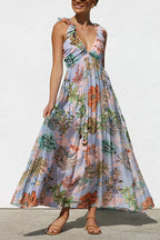 Sleeveless V Neck Floral Print Maxi Holiday Dress