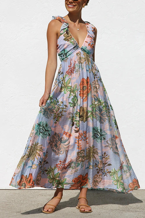 Sleeveless V Neck Floral Print Maxi Holiday Dress