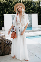 Crochet Lace Trim Kimono Sleeve Tie Waist Embroidered Maxi Dress