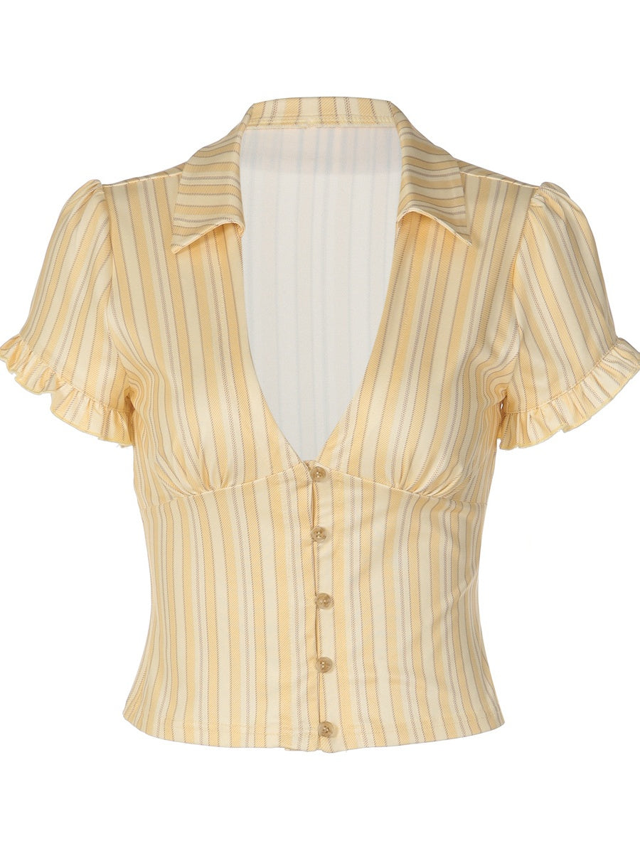 Retro Buttons Stripes Sexy Shirts