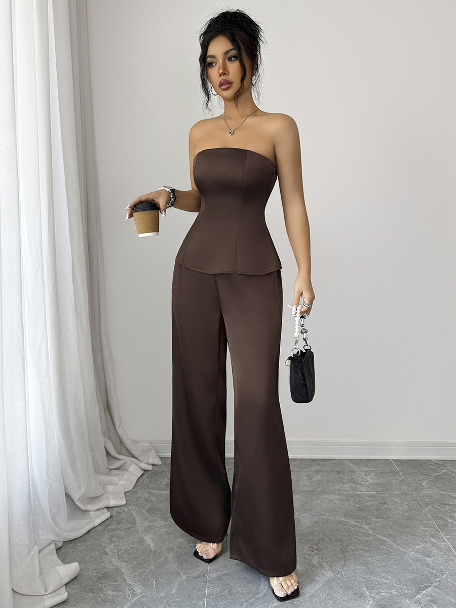 Brown Strapless Wide-leg Pants Two-piece Set