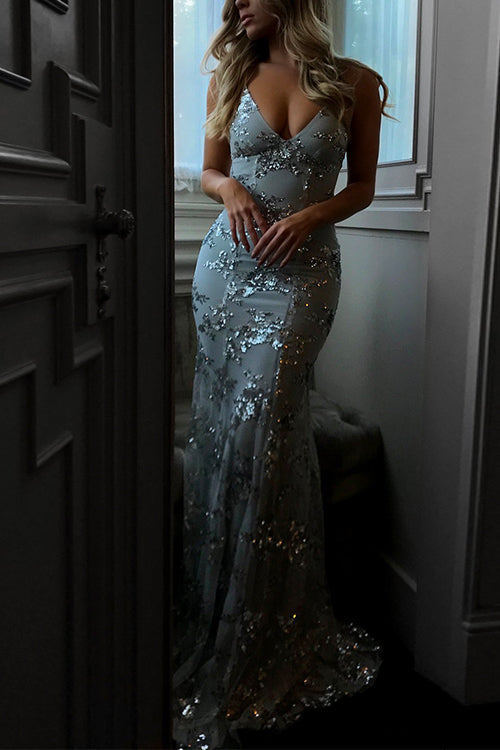 Sequin V Neck Backless Maxi Cami Mermaid Party Dress
