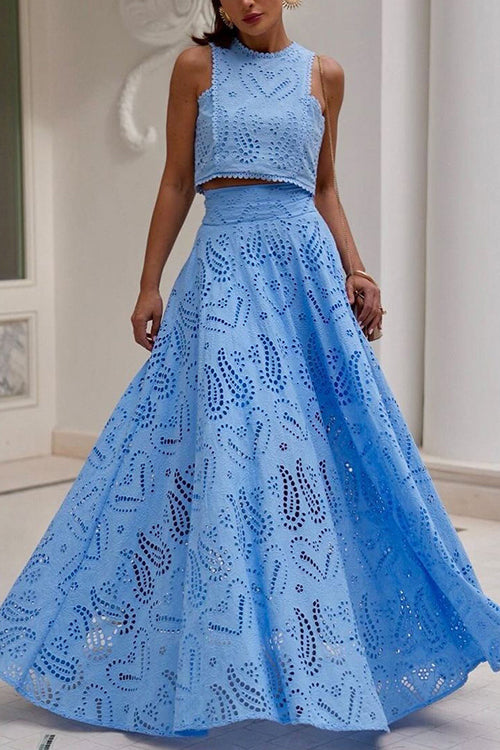 Eyelet Lace Heart Print Scalloped Trim Crop Top Wide Leg Pants Two Piece Set