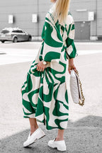 Abstract Print Long Sleeve Button Down Tiered Hem Side Slit Maxi Shirt Dress