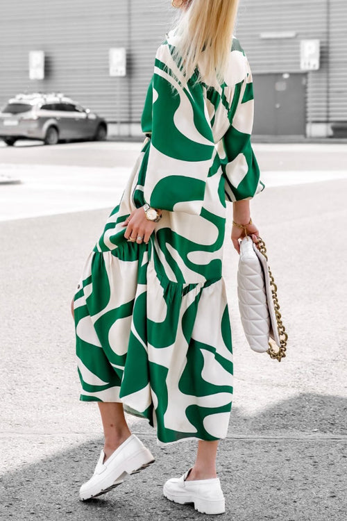 Abstract Print Long Sleeve Button Down Tiered Hem Side Slit Maxi Shirt Dress
