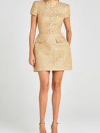 Tweed Buttons Short Sleeve Formal Mini&Short Dresses