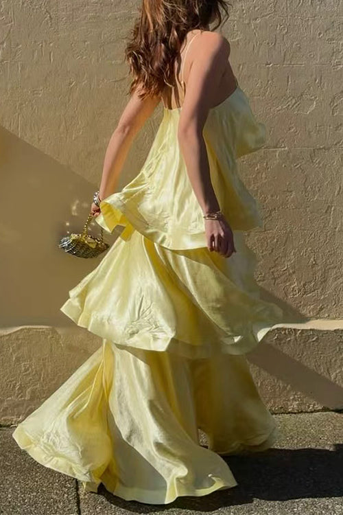 Adjustable Strap Ruffle Layered Satin Maxi Dress