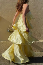 Adjustable Strap Ruffle Layered Satin Maxi Dress