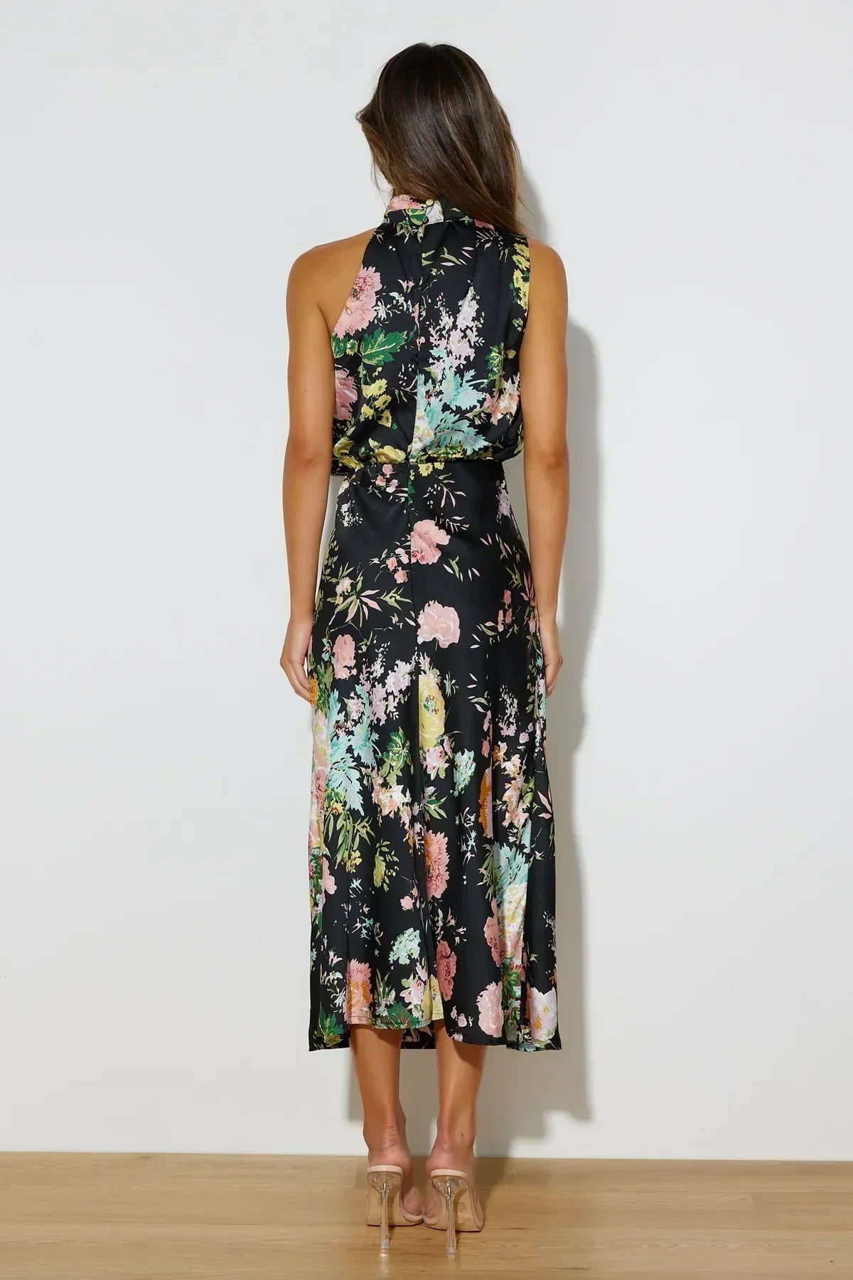Satin Floral Print Halter Neck Cowl Neck Two Piece Set