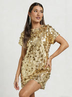 Sequins Crew Neck Short Sleeve Mini&Short Dresses