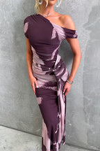 Asymmetrical Shoulder Draped Front Printed Maxi Dress
