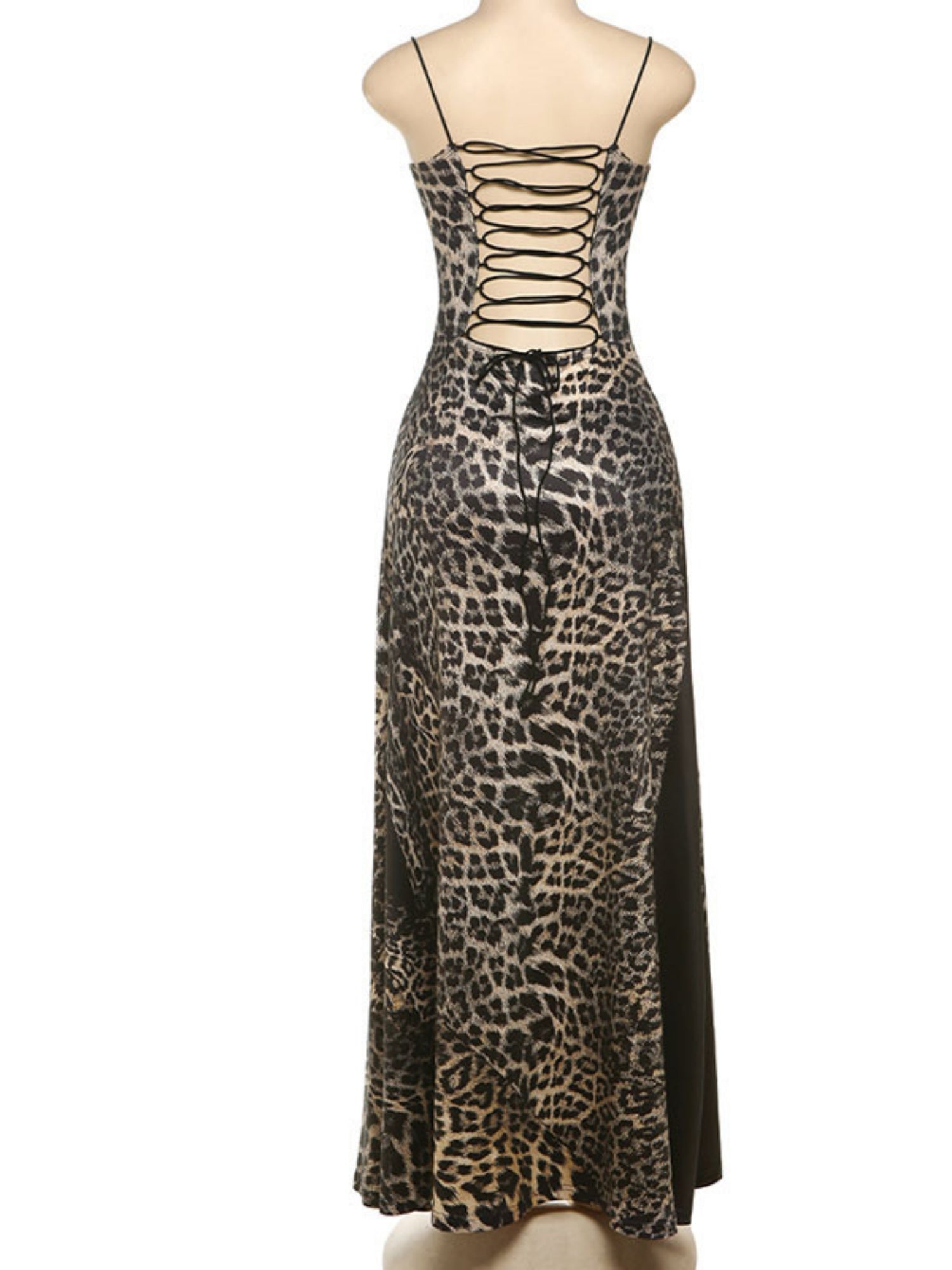 Leopard Print Lace Patchwork Backless Strappy Maxi Dresses