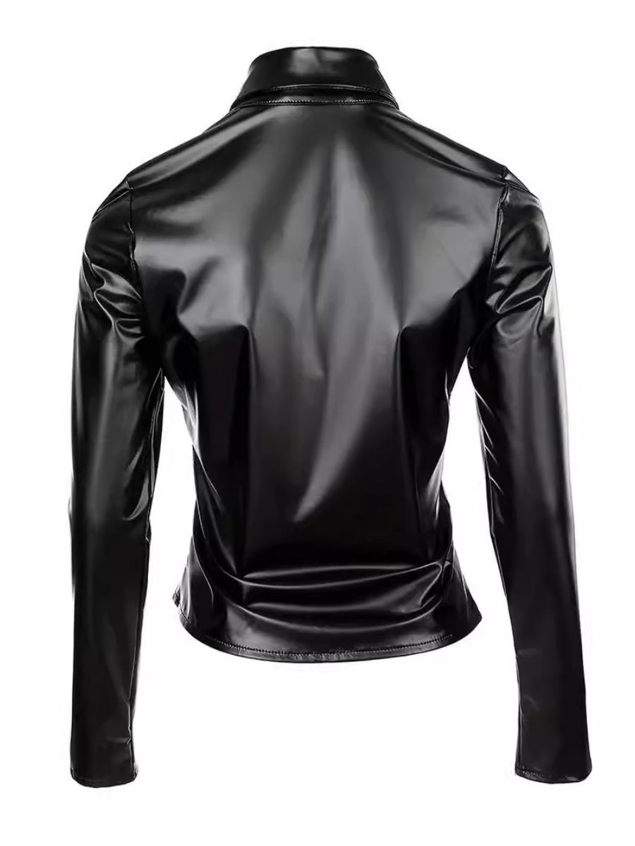 Mosaic Studs Lapel PU Leather Shirts