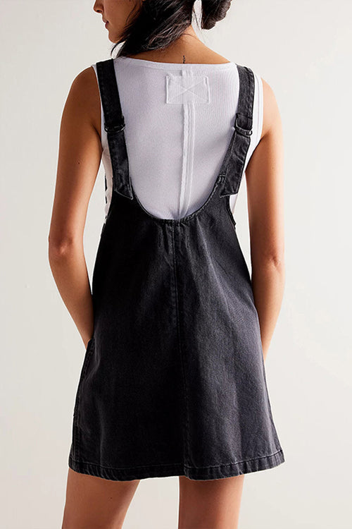 Deep V-Neck Patch Pocket Denim Pinafore Shift Mini Dress