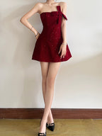 Sequins Backless Strapless Top Bow Zipper Mini&Short Dresses