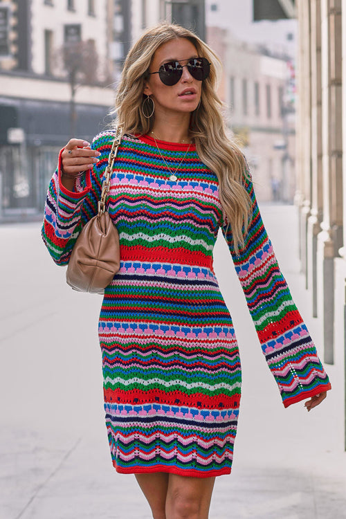 Striped Crochet Knit Crew Neck Bell Sleeve Mini Dress