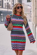 Striped Crochet Knit Crew Neck Bell Sleeve Mini Dress