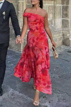 Off Shoulder Ruched Crop Top High Rise Maxi Skirt Printed Set