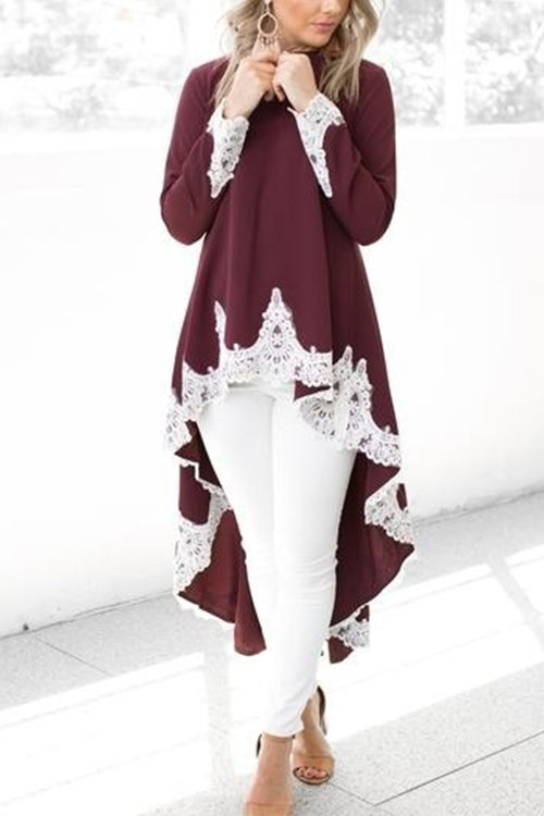 Long Sleeves High Low Hem Lace Trim Blouse Top