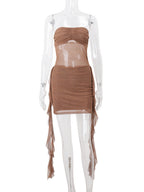 Rhinestone-studded Mesh See-through Strapless Ribbon Hip Wrap Mini&Short Dresses