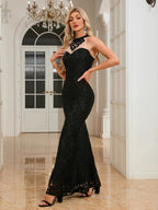 Lace Backless Cross Strap Fishtail Evening Dress Halter Maxi Dresses