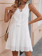Lace Trim V-neck Sleeveless Tassel Tie Mini&Short Dresses