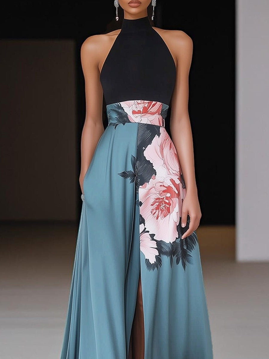 Floral Print Color Blocking Sleeveless Long Dress