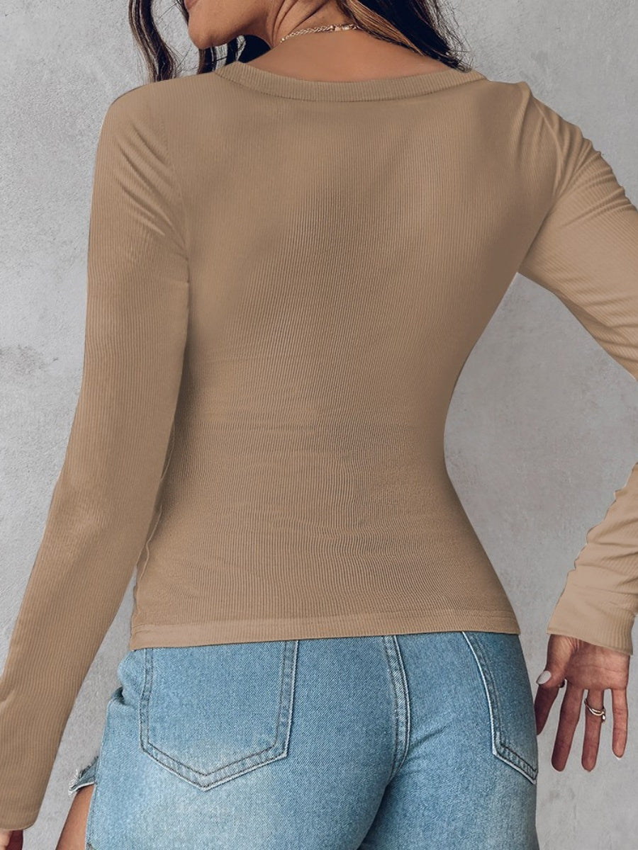 With Bra U-neck Thread Solid Color Long Sleeve T-shirts