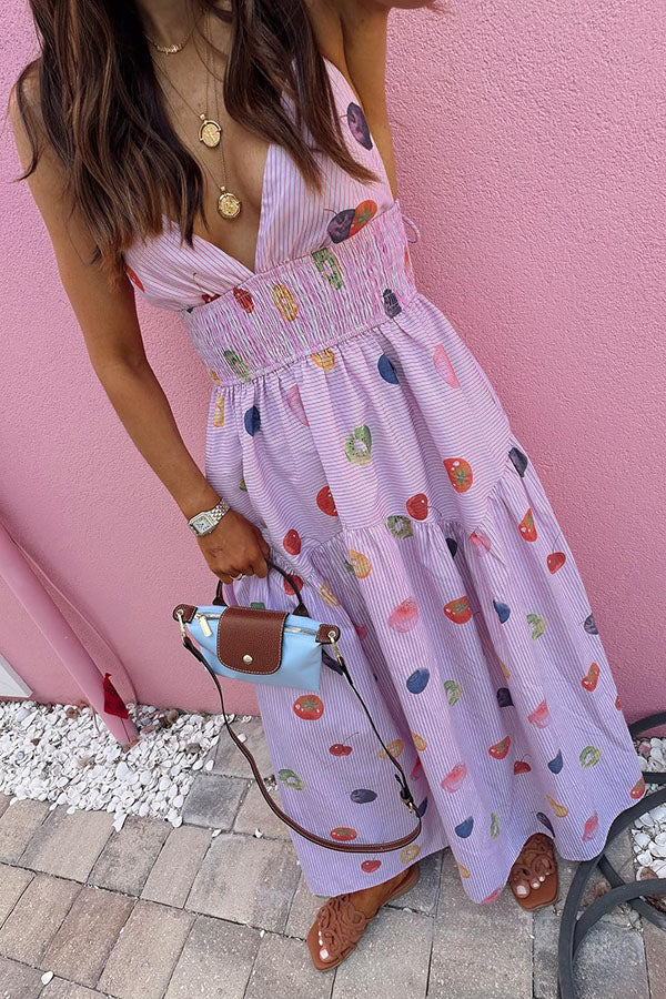 Lovely Summer Unique Color-Block Fruit Stripe Print Smocked Waist Maxi Dress