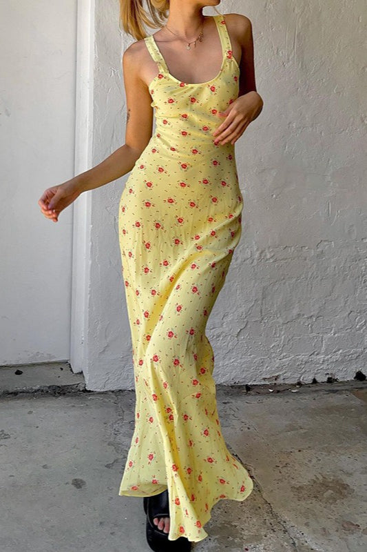 Yellow Scoop Neck Wide Strap Ditsy Floral Print Slip Maxi Dress