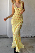 Yellow Scoop Neck Wide Strap Ditsy Floral Print Slip Maxi Dress