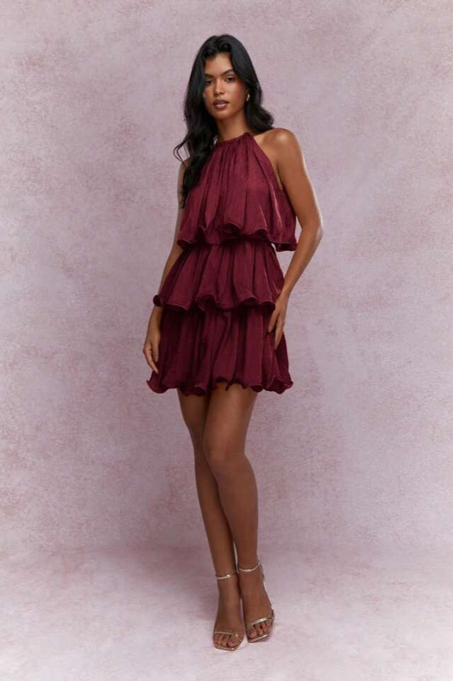 Halter Neck Tiered Ruffle Mini Dress