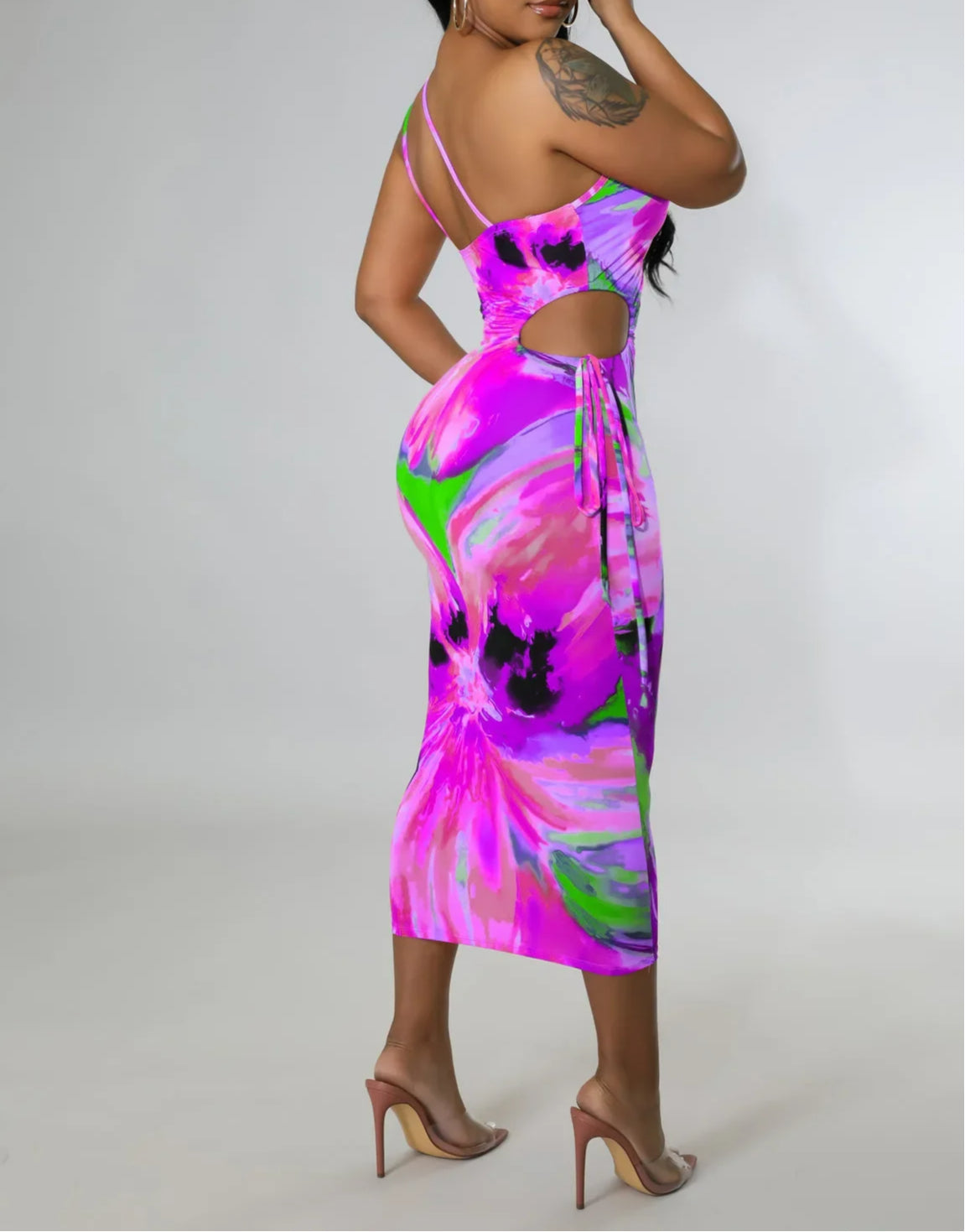 One Shoulder Keyhole Neck Waist Cut Out Drawstring Ruched Bodycon Midi Dress