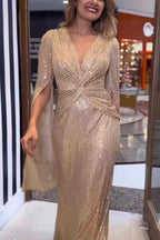 Deep V-Neck Twist Waist Sequin Cape Sleeve Column Maxi Gown