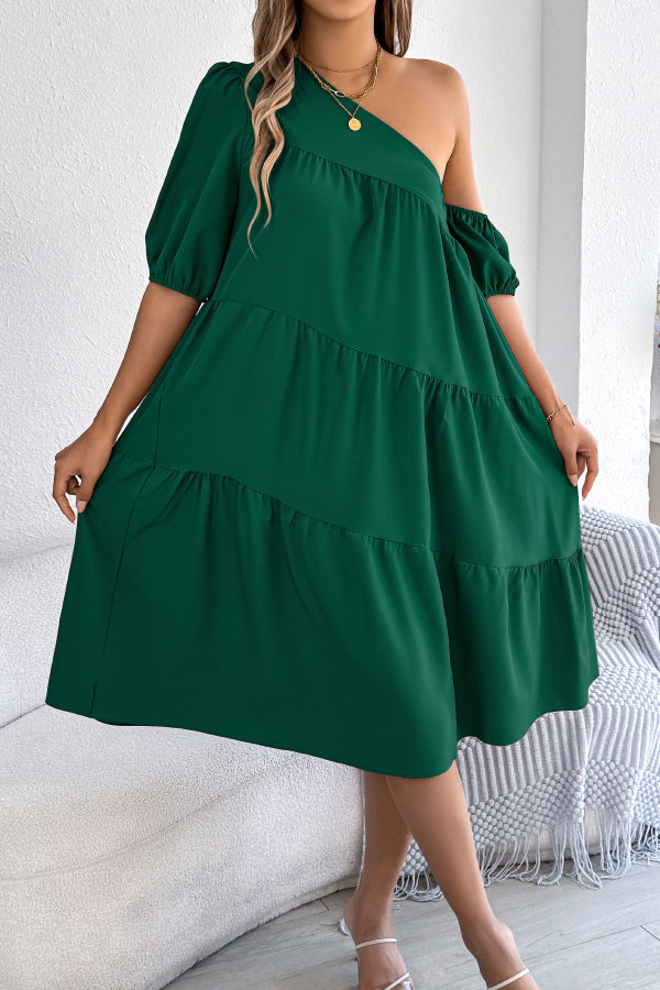 Solid Color Loose Slash Neck Short-sleeved Casual Midi Dress
