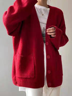 Solid V Neck Breasted Knit Cardigan