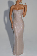 Mirabella Sequin Pleated Cowl Scooped Neckline Back Lace-up Strapless Maxi Dress