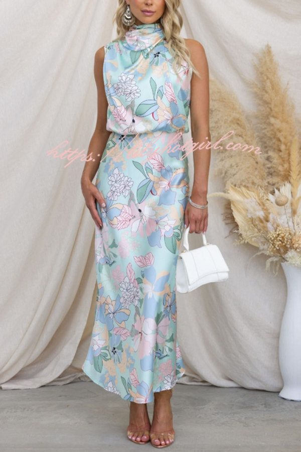 Floral Print Halter Neck Cowl Draped Elastic Waist Blouson Midi Dress