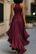 Solid Color Satin V-neck Sleeveless Elegant Ruffle Maxi Dress