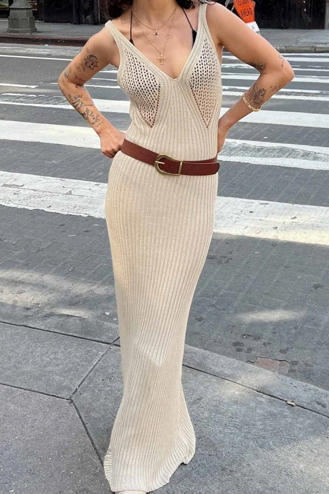 Khaki V Neck Tank Strap Pointelle Panel Rib Knit Maxi Dress