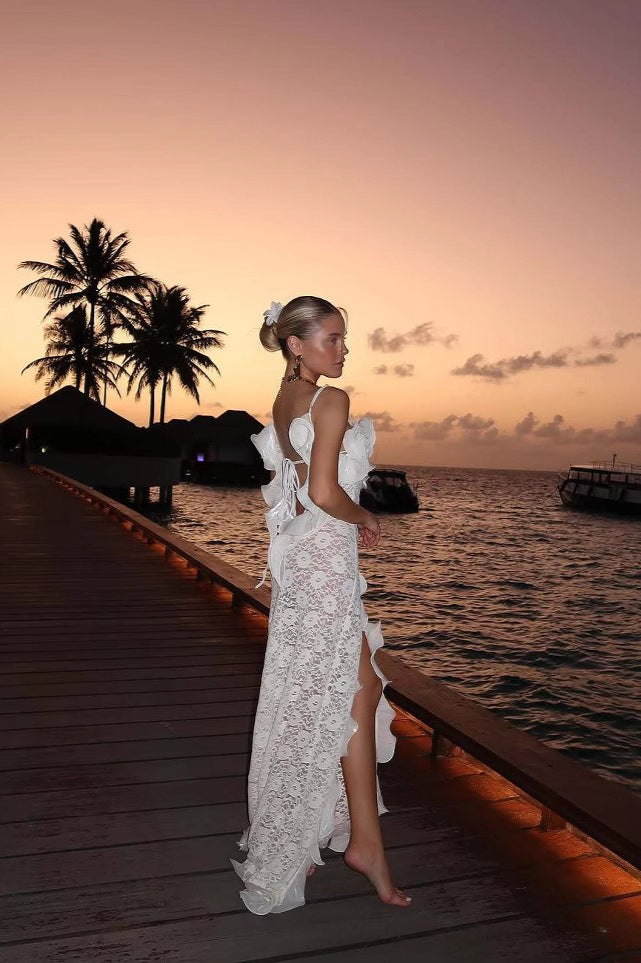 Lace Spaghetti Strap Ruffle Neckline High Split Midi Dress