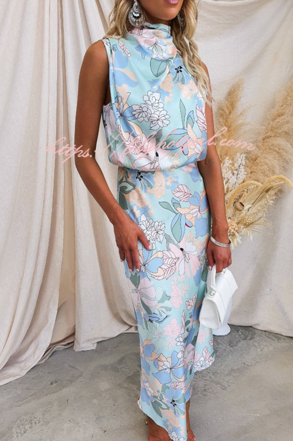 Floral Print Halter Neck Cowl Draped Elastic Waist Blouson Midi Dress