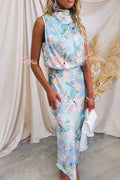 Floral Print Halter Neck Cowl Draped Elastic Waist Blouson Midi Dress