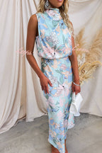 Floral Print Halter Neck Cowl Draped Elastic Waist Blouson Midi Dress