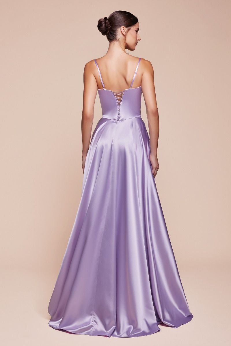 Satin Corset Sweetheart Neck Spaghetti Strap High Slit Maxi Gown