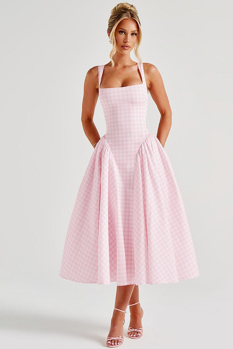Gingham Square Neck Basque Waist Pleated Fit and Flare Midi Dress