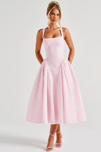 Gingham Square Neck Basque Waist Pleated Fit and Flare Midi Dress