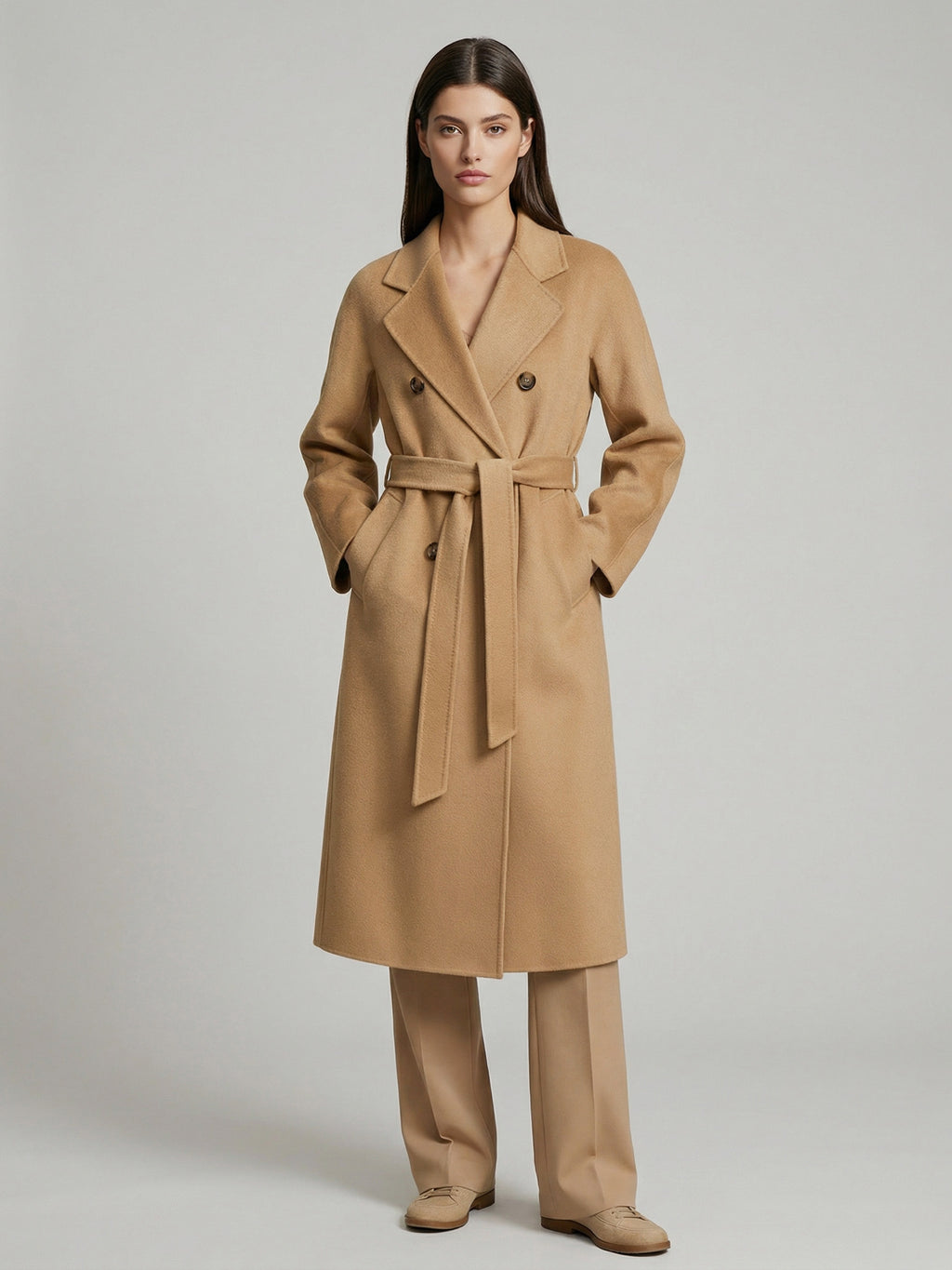 Wool Cashmere Blend Vintage A-line Coat With Classic Lapel And Belt For Women 2026