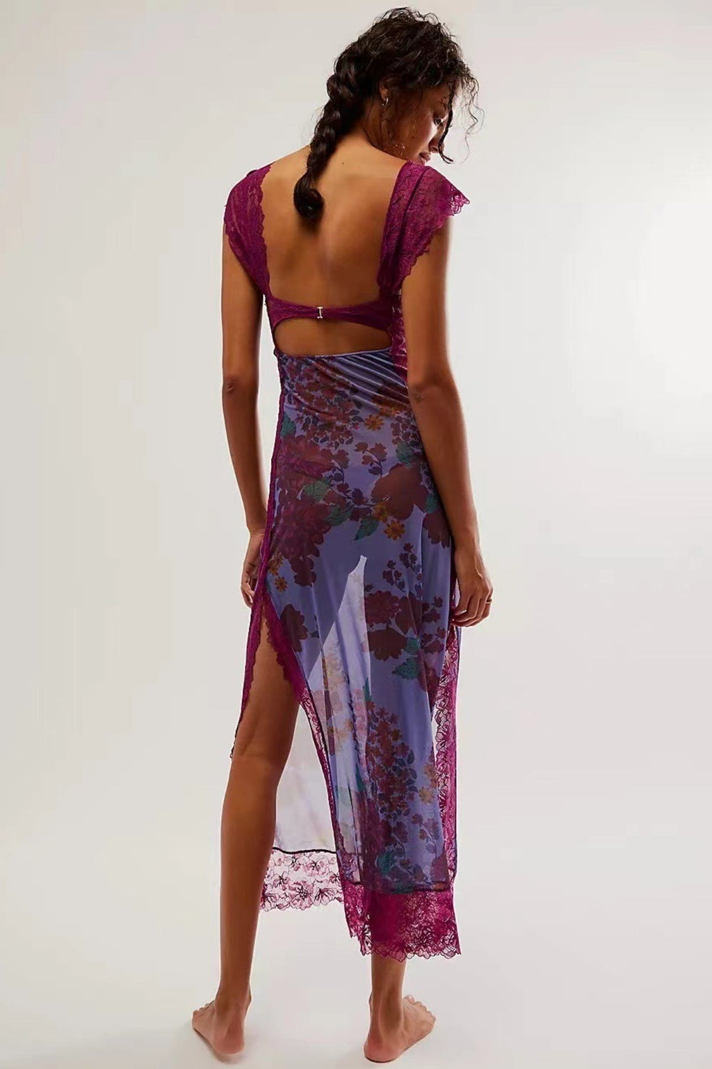 Sweetheart Lace Cap Sleeve Triangle Cutout Floral Print Bodycon Midi Dress